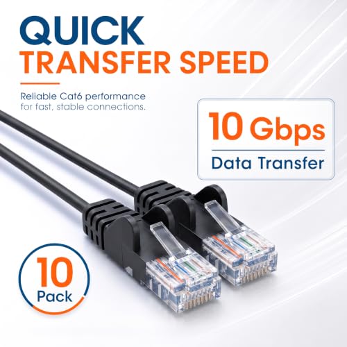 Image of Intellinet Cat6 Slim UTP Ethernet Patch Cable 10-Pack, 3 ft, Black | 10G 250 MHz pure copper thin cord with 30 AWG stranded wire, gold contacts, snag-free boot, PoE and rack use, resealable bag