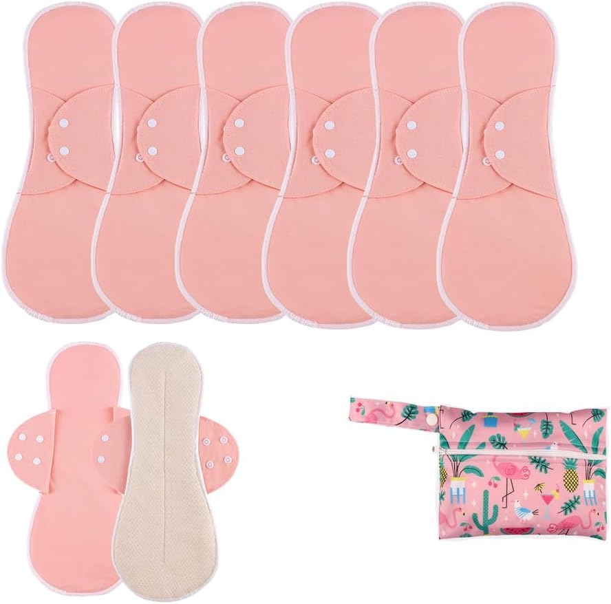 AIO Reusable Washable Cloth Menstrual Pads Sanitary Pad for Woman Large Size(4.13 * 10.23inch) Including 6 pcs Pads with 1 Wet Bag