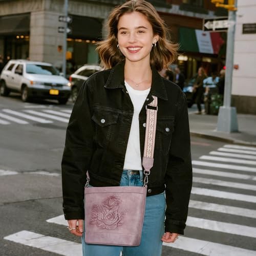 Image of Crossbody Purses for Women, Trendy Embossed Vegan Leather Bucket Bag, Travel Shoulder Handbag with 2 Detachable Straps