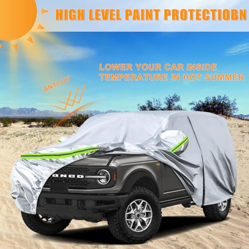 Image of Waterproof Car Covers Replace for 2021-2025 Ford Bronco 4 Door, 6 Layers Silver All Weather Car Cover with Zipper Door & Windproof Bands for Snow Rain Dust Hail Protection