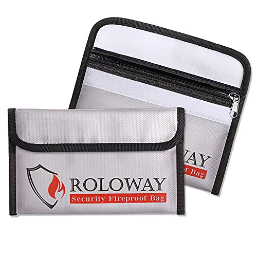 Image of ROLOWAY Small Fireproof Bag (5 x 8 inches), Non-itchy Fireproof Money Bag for Cash, Valuables, Passport, Currency & Keys (2-Pack Silver)
