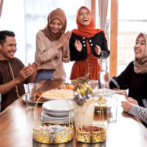 Plateau Eid Mubarak Rond en Métal Orfévré avec Poignée Lune - 7