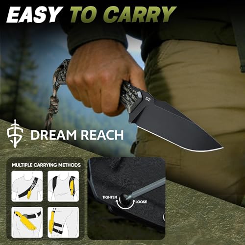 Image of Dream Reach Fixed Blade Knife - D2 Steel Tactical Knife with Ergonomic Full Tang Handle and Adjustable Sheath for Outdoor Camping Survival Gift for Men Women Multi-Color