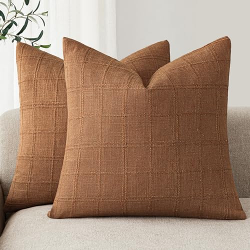 Image of Foindtower Set of 2 Decorative Linen Check Throw Pillow Covers Neutral Farmhouse Vintage Cushion Covers Modern Boho Home Decor for Sofa Chair Couch Bedroom Living Room,16x16 Inch,Orange