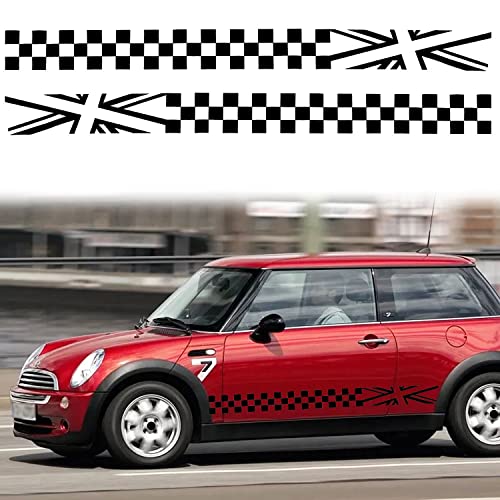Image of 2Pcs 78.7'' Universal Racing Checkered Flag Graphic Car Body Side Sticker Self-Adhesive Side Strip Decal Lattice Grid Stripe Stickers Decoration for Mini Cooper Truck SUV Vehicles (A, Black)