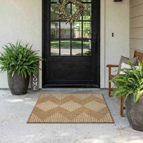 MontVoo-Polypropylene 2x3 ft Indoor Outdoor Entryway Rug Porch Rug Door Mats Rugs Small Accent, Textured Weave, Durable for High Traffic, Fade-Resistant, Non-Shedding, Boho Geometric Neutral