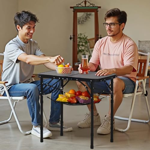 VEVOR Folding Camping Table, Adjustable Height Portable Side Tables, Aluminum MDF Beach Table with Mesh Layer, Carrying Handle, Lightweight Compact for Outdoor Picnic BBQ Cooking, 24x16in, Black by VEVOR - Image 2