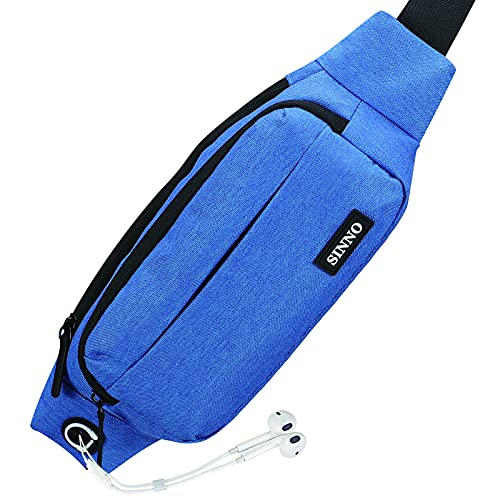 Image of SINNO Large Crossbody Fanny Pack for Women Men Belt Bag With 4-Zipper Pockets for Travel Running Hiking Workout Dog Walking Outdoors Sport Fishing Waist Pack Bag Carrying All Phones, Blue(4 Zipper