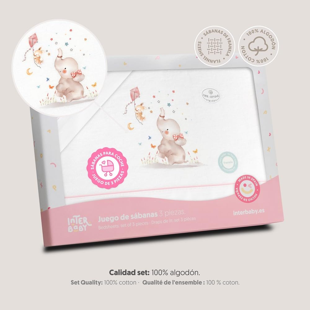 Interbaby - Set di lenzuola per carrello 40 x 80 cm, per bebè - lenzuola invernali in flanella, modello Elefante - con lenzuolo sotto + lenzuolo sopra