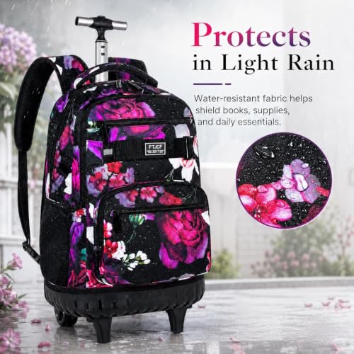 Image of 3Pcs Rolling Backpack for Girls Women, Travel Roller Backpacks with Wheels for Adults, Teens College Rose Wheeled Bookbag with Lunch Box(Black)