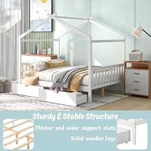 House Beds Wood Platform Bed Frame with Storage Drawers Full Size Platform Bed with Headboard & Footboard for Kids Boys Girls Teens, White House Beds Wood Platform Bed Frame with Storage Drawers Full Size Platform Bed with Headboard Footboard for Kids Boys Girls Teens White