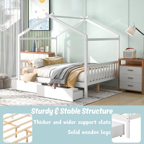 House-Beds-Wood-Platform-Bed-Frame-with-Storage-Drawers-Full-Size-Platform-Bed-with-Headboard-Footboard-for-Kids-Boys-Girls-Teens-White House Beds Wood Platform Bed Frame with Storage Drawers Full Size Platform Bed with Headboard Footboard for Kids Boys Girls Teens White