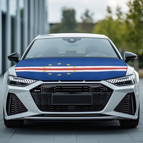 Image of Cape Verde Flag Print Car Hood Cover Elastic Polyester Car Hood Protector Auto Patriotic Decorations Waterproof Sunproof Automotive Exterior Accessories for Sports Events and Outdoor Use