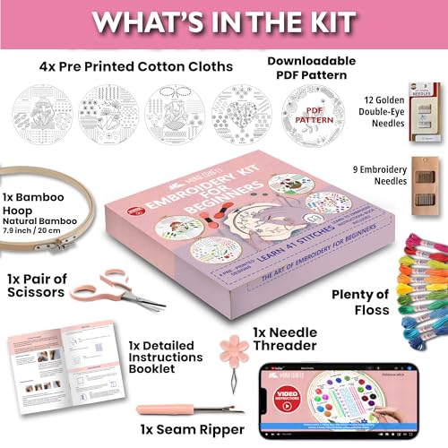 Image of Moni Crafts Adult Beginner Embroidery Kit - 4 Pre-Printed Patterns (Flower, Mushroom, Floral, Heart) - Learn 41 Stitches, Hand Embroidery Starter Craft Set