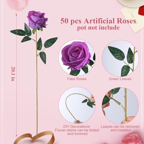 Image of 50 PCS Roses Artificial Flowers, Fake Roses with Stem Realistic Fuchsia Silk Roses for DIY Wedding Bouquets Table Centerpieces Arrangements Baby Shower Birthday Home Decor Valentine's Day Gift for Her