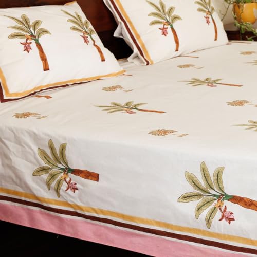 Image of Shajarah Premium Hand Block Printed Bedsheet | Bed Spread Flatsheet Bed Sheet | Pure Cotton | Double Bed Queen Size 90 inchx108 inch | 300 TC Long Staple Cotton | 2 Pillow Covers | Coconut Tree Print