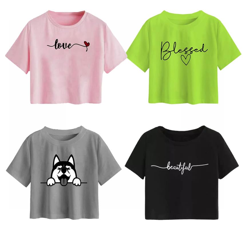 100LUCK Girls Half Sleeve Printed Cotton Crop Top Pack of 4-Multicolor 100LUCK Girls Half Sleeve Printed Cotton Crop Top Pack of 4-Multicolor