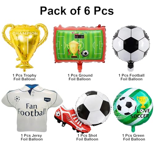 Image of Rozi Decoration Football Theme Foil Balloon Set Pack of 6, Soccer Party Decoration Balloons with Trophy, Jersey, Football, Ground & Shoe Design for Birthday, Kids Party & Sports Celebration