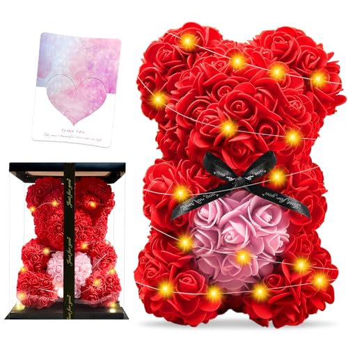Rosenbär Rosen Teddybär Rosenteddy Bär Rosenblumenbär mit Valentinstagskarte Geschenkbox und Warmweißer LichtdekorationSüße Geschenke für freundin Muttertagsgeschenk Romantische Geschenke für frauen