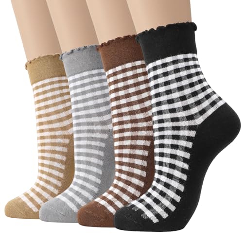 scenicamp 4 Pairs Cute Women Ruffle Socks, Retro Frilly Checkered Striped Cotton Ankle Socks for Women Casual Vintage, Pink Blue Green White, Black Gray Brown Khaki