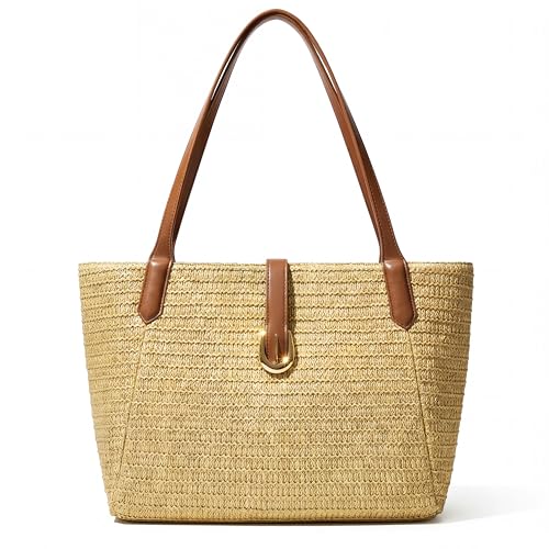 CHUNLI Straw Beach Bag for Women, Woven Raffia Summer Tote with PU Leather Handles, Boho Vacation Resort Shoulder Tote Bag