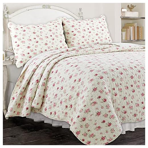 Cozy Line Home Fashions Pink Rose Garden Floral 100% Cotton Reversible Coverlet Bedspread Quilt Bedding Set (Ivory Rose, Queen - 3 Piece)