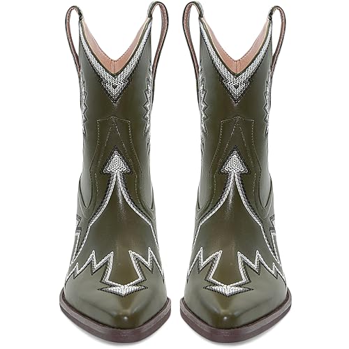 Image of HOCHFART Women's Western Ankle Cowboy Boots Chunky Pointed Toe Wide Calf | Metallic PU-Leather, Embroidered, Pull-On, Concert, Festival, Rodeos, Party, Daily Wear, All-Day Comfort