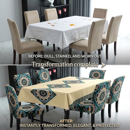 Image of Styleys Dining Table Cover 6 Seater Waterproof with Chair Covers | Table Cover Cloth | Dining Table Cover Cloth Combo - 1 Table Cover + 6 Chair Cover, Beige & Green Mandala, XKFSZB-24