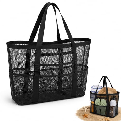 Yegookay Strandspielzeug Tasche Groß Schwarz Netztasche Sandspielzeug Netz Strandtasche Sandspielzeug Aufbewahrung Draußen Tasche Sand-spielzeug für Pool Strand Reisen