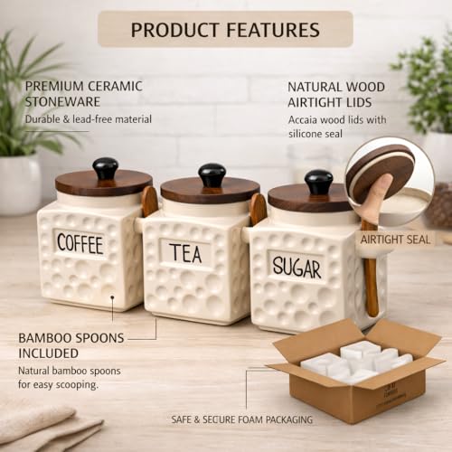Image of The Deluxe Creations Ceramic Tea Coffee Sugar Jars Set with Wooden Lid & Spoon | Premium Kitchen Storage Canisters | Airtight Containers for Tea Coffee Sugar | 500 ML Each | Set of 3