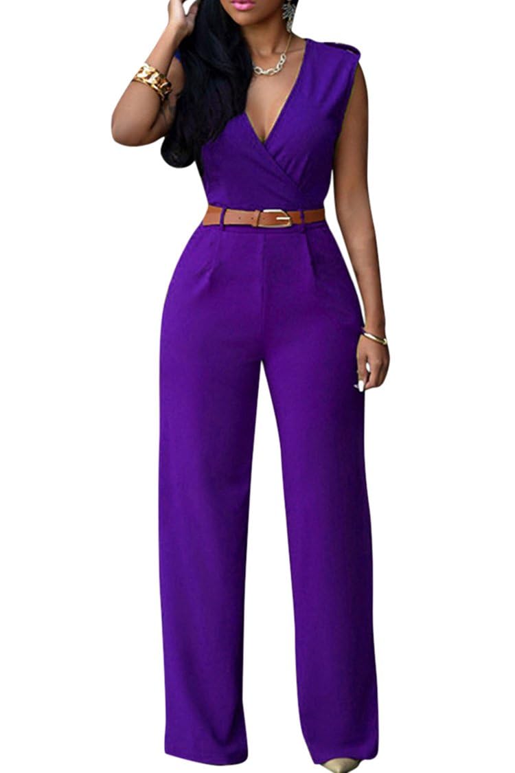 Pink Queen Jumpsuits for Women Dressy V Neck Sleeveless Wide Leg Long Pant Rompers Business Casual Outfits
