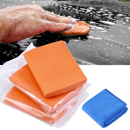 Huiguli Barra de Arcilla de Coche, 3 Piezas 100g Clay Bar con Toalla, Arcilla Limpiadora Coches para Automóviles Motocicletas Caravanas Lavados De Autos Depilación, Naranja