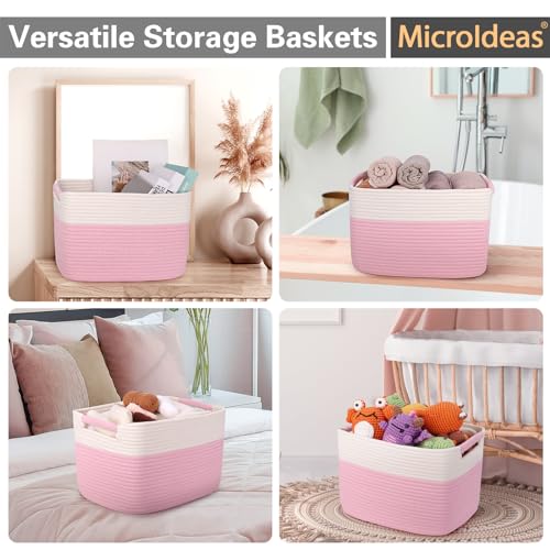 Image of Woven Organizing Baskets, Pastel Toy Storage Bin, decoration Cotton Rope Basket for Nursery, Closet，Book Shelf，Soft Storage Cube Organizer for Kids，Girls - Pack of 3，Pink