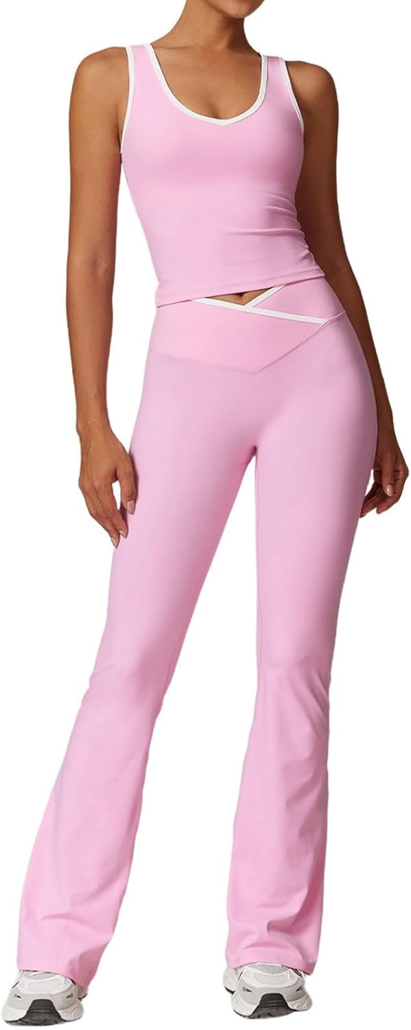 Womens Yoga Outfits High Waist Seamless Workout Set with Color Blocking for Running Gym Fitness Back Top