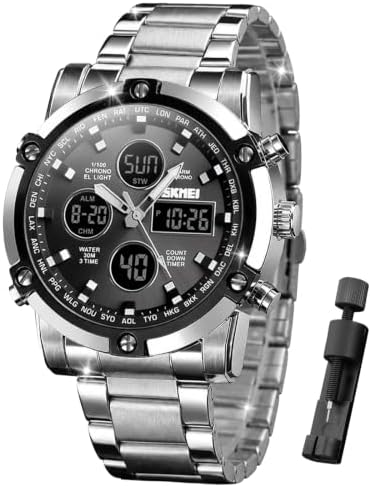 SKMEI Mens Wrist Watch, Waterproof Military Analog Digital Watches with LED Multi Time Chronograph, Stainless Steel Business Watches for Men