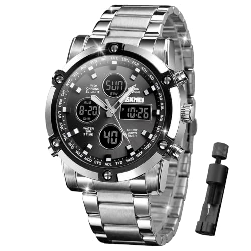 Image of SKMEI Mens Wrist Watch, Waterproof Military Analog Digital Watches with LED Multi Time Chronograph, Stainless Steel Business Watches for Men, 1389-SILVER Black, 2.28 * 1.89 * 0.63 inches, Sports