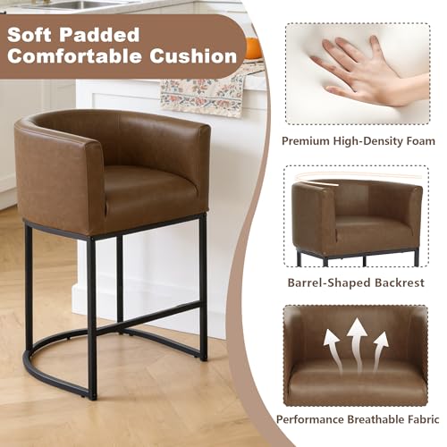 Image of 26 inch Counter Height Bar Stools Set of 3, Faux Leather Upholstered Barrel Chairs with Back and Arms, Metal Frame Kitchen Island Stools with Footrest, Cognac Brown