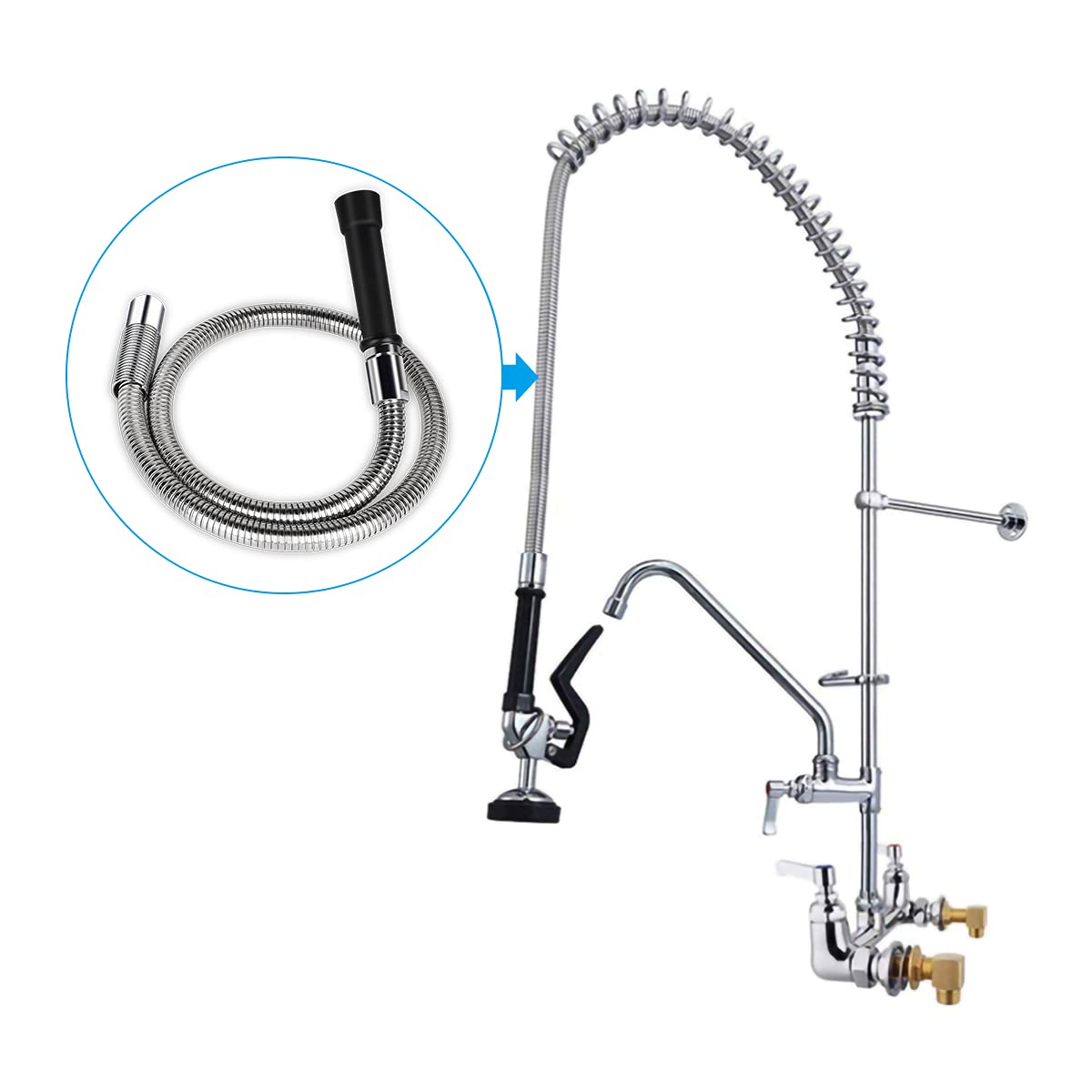 COOLWEST Manguera de acero inoxidable flexible de 44 pulgadas con mango negro resistente al calor para reemplazo de grifo de fregadero de cocina comercial