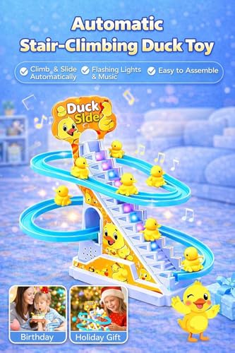 Image of WireScorts Duck Track Toys for Kids - Small Ducks Stair Climbing Toys for Kids, Escalator Toy with Lights and Music - 3 Duck Included - Duck Track Yellow
