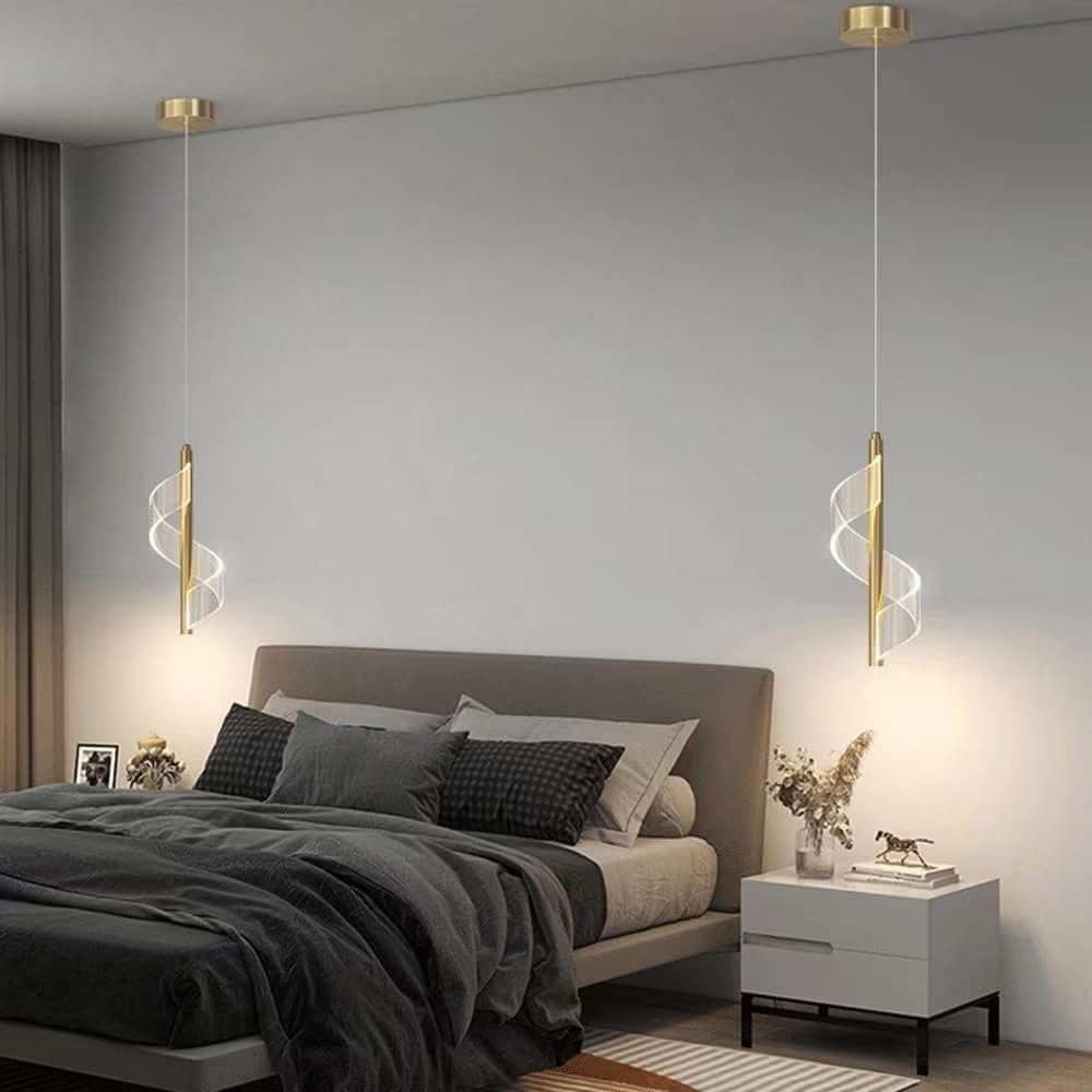 CNCNSH wisząca sufitowa Żyrandol LED Złota spiralna wisząca, wisząca przy łóżku Aluminiowe lampy wiszą z długimi rurkami ze skręconym akrylowym kloszem, tryb 3 kolorów Lighti kxtmm