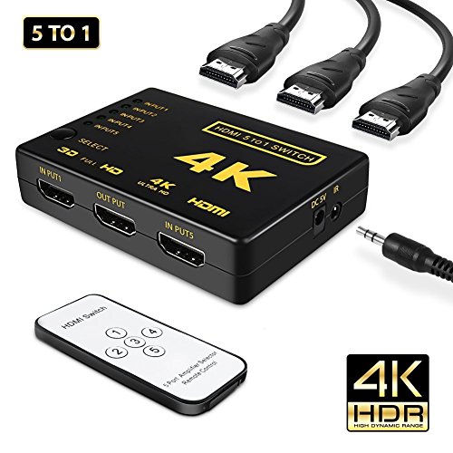 Hdmi Switch 4K, Intelligent 5-Port Hdmi Switch Splitter Switcher Supports 4K,Full Hd1080P, 3D With Ir Remote For Switch, Xbox, Roku 3, Apple Tv, Hd Tv, Ps3 Ps4 #TOP1