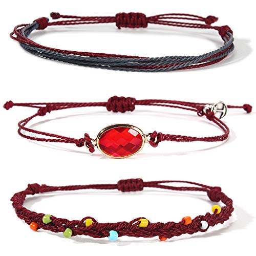 Lynnaneo July Birthstone Bracelets Beaded Boho Bracelets Burgundy Rope Bracelets Cute Braided String Bracelet Sets Waterproof Beach Surfer Jewelry (July) #TOP4