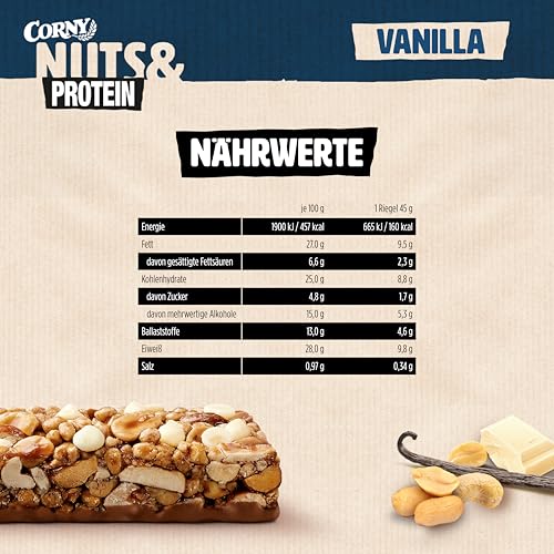 Corny Nussvoll Protein Vanilla | Nussriegel & Proteinriegel ohne Zuckerzusatz | Mit 36% Nüssen & 25% Eiweiß | 3 x 35 g