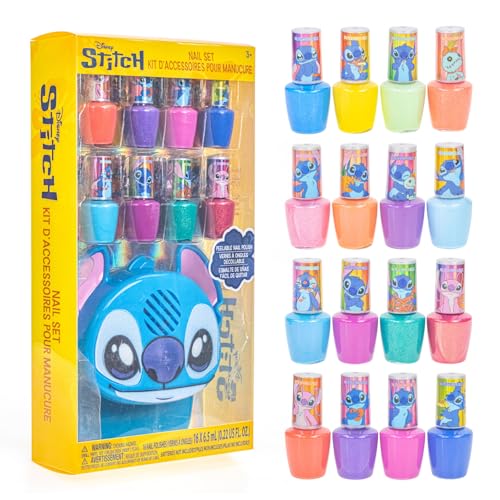 Stitch 16 piezas de esmalte de uñas a base de agua con secador de uñas, esmalte de uñas pelable con agua, colores brillantes y opacos, baterías AA no incluidas, edades 3 +, por Townley Girl