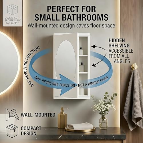 Image of 360 Revolving Bathroom Mirror Cabinet - Wall Mounted Storage Organizer with Hidden Shelves, White, 42x22x15 cm - Ideal for Small Bathrooms, Grooming, Makeup & Shaving (No-Drill Install)