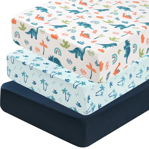 Image of david's kids 3 Pack Fitted Crib Sheets, Ultra Soft Breathable Comfortable Baby Sheet Set for Boys Girls Neutral, 28x52 Inch Fits Standard Crib and Toddler Mattresses, Dinosaur Blue