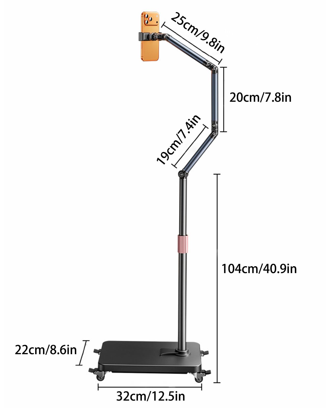 Soporte de Piso para Tableta, Soporte para Tablet con Brazo Ajustable de 720° con Patines con Freno de Pie de 360°, Chasis Reforzado, Soporte para Teléfono con Brazo Mecánico de 3 Secciones para Table