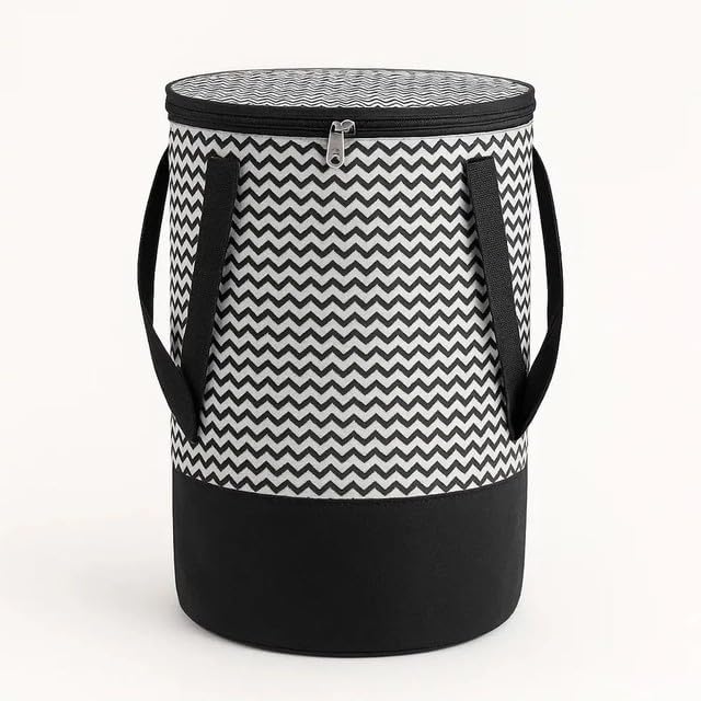 ZOVIRA Large Collapsible Laundry Hamper, 45L Capacity, Decorative Pattern Storage Basket with Handles, Zip Lid for Clothes, Toys, Bedding (Black)