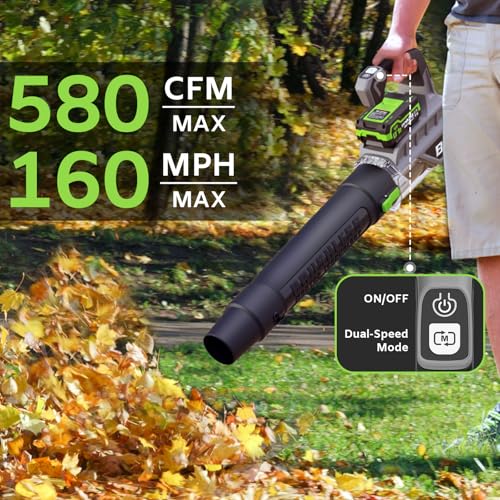 Image of Cordless Leaf Blower Brushless Motor 580CFM 160MPH Electric Blower with 2x4.0Ah Batteries & Charger, Powerful Handheld Leaf Blower for Lawn Care, Patio, Yard Cleanup Blowing Dust, Leaves