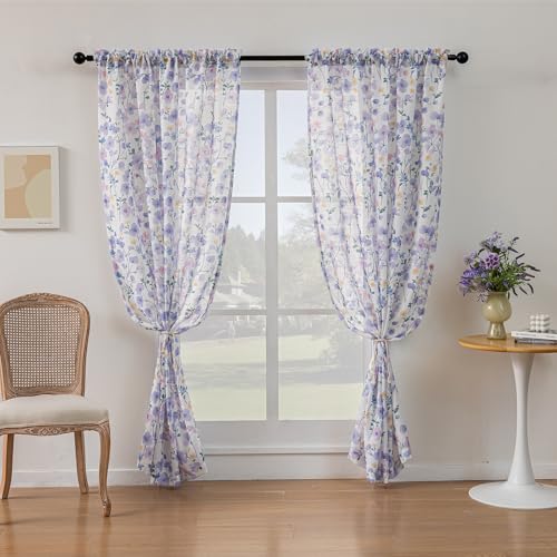 Image of SUOUO Violet Floral Semi Sheer Curtains Linen Textured for Living Room Patterned Leaves 96 inches Long Window Drapes for Dining Bedroom 2 Panels